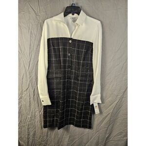 DKNY Womens Black White Grid Long Sleeve Button Front Shirt Dress Size 2